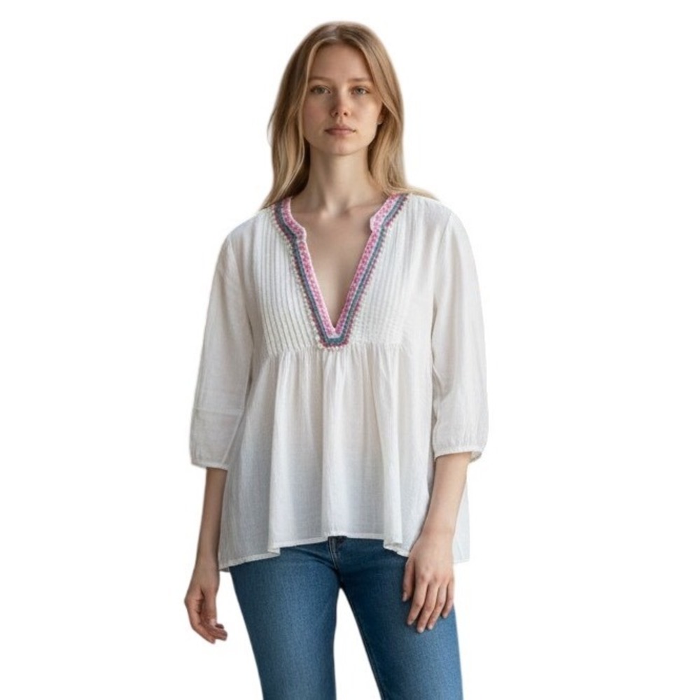 Antica Sartoria Tunic S White Boho Embroidered V-Neck Blouse Giacomo Cinque